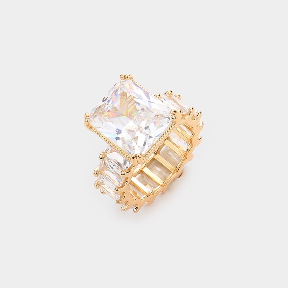 Gold Rectangle Stone Accented Baguette Stone Band Ring